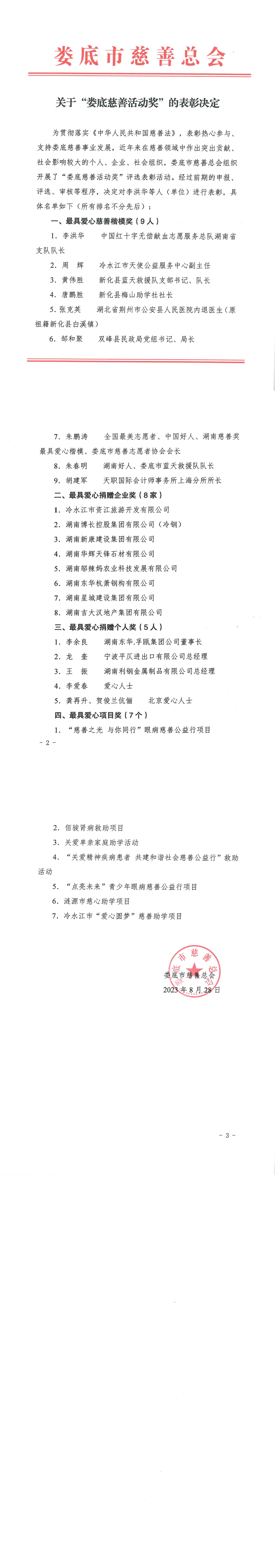 关于“娄底慈善活动奖”的表彰决定_00